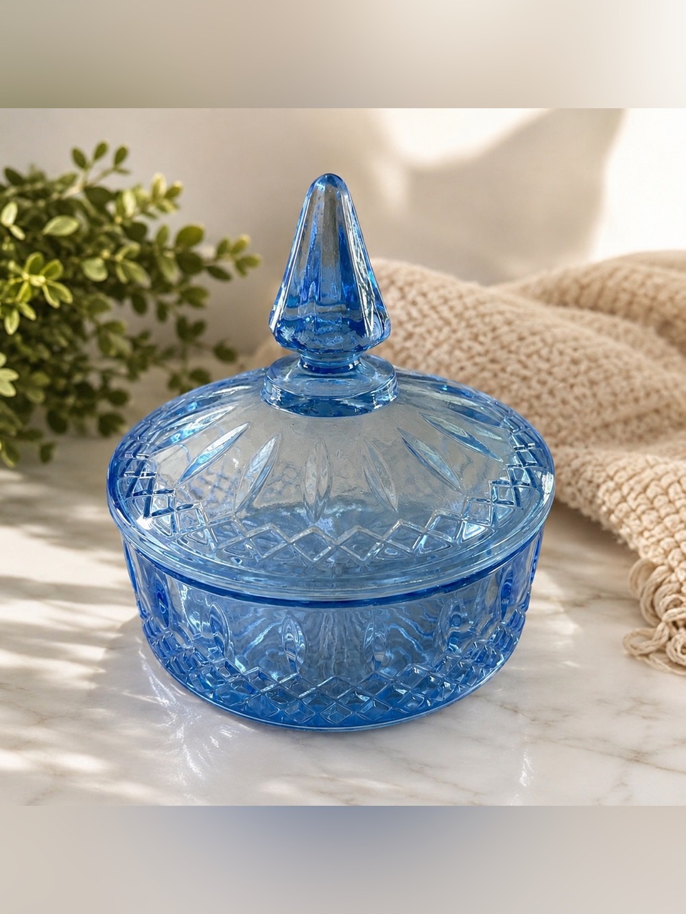 Vintage Blue Pressed Glass Covered Candy Dish Trinket Box